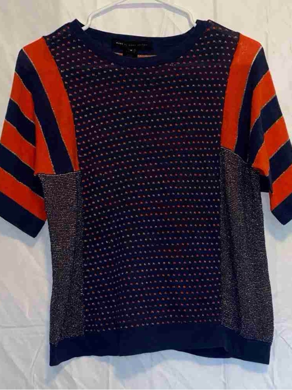 Marc by Marc Jacobs Navy and Orange Knit Short Sleeve Top